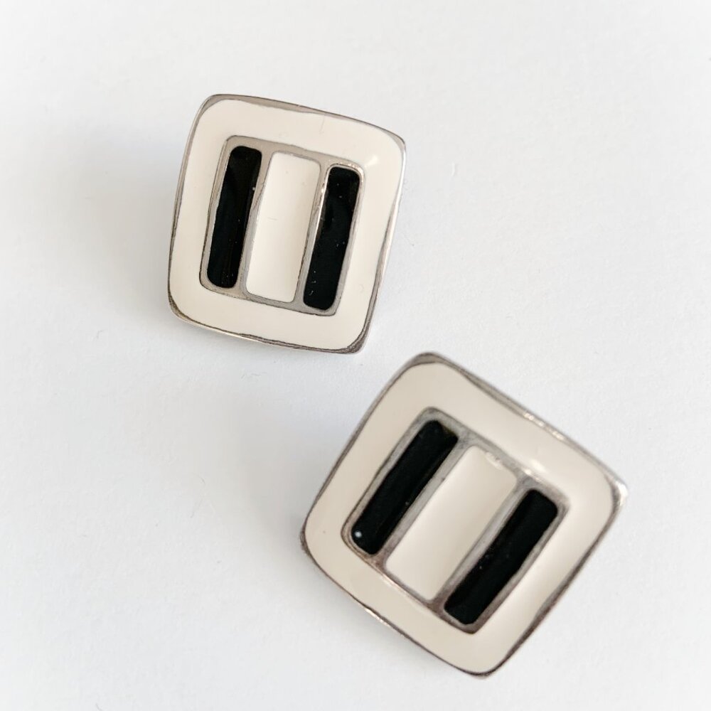 Vintage Square Earrings in Black and Cream with Silver Trim
